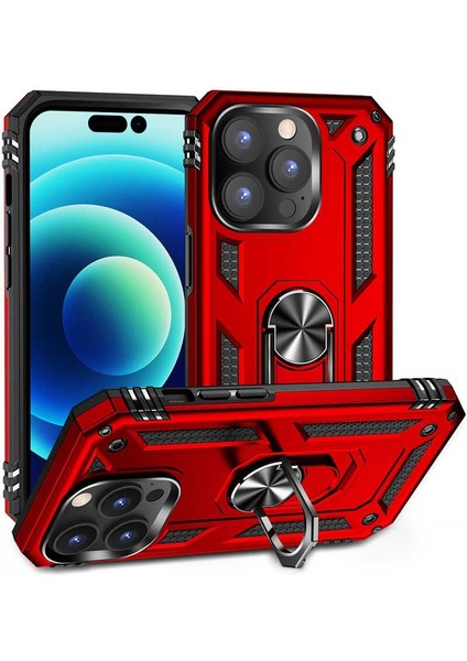 Apple iPhone 14 Pro Kılıf Sert Silikon Tank Standlı Yüzüklü Mıknatıslı Kırmızı