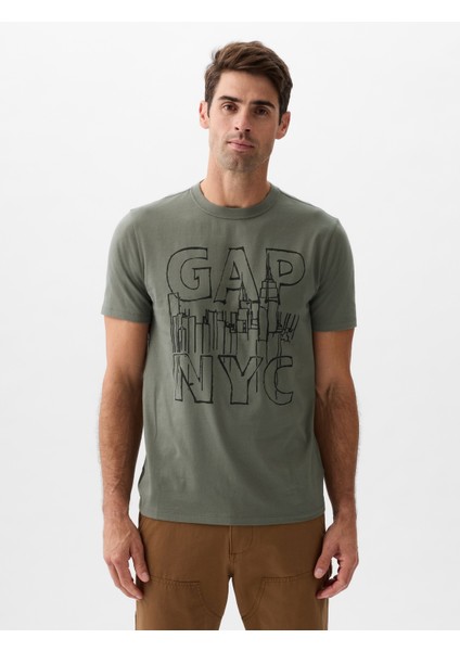 Erkek Gri Gap Grafikli T-Shirt