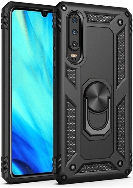 Huawei P Smart Pro 2019 Kılıf Tank Koruma Vega Standlı Yüzüklü Mıknatıslı Siyah