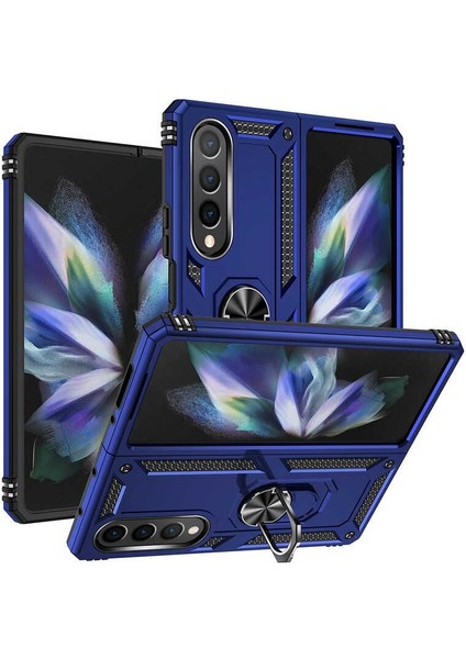 Samsung Galaxy Z Fold 4 Kılıf Sert Silikon Tank Standlı Yüzüklü Mıknatıslı Lacivert