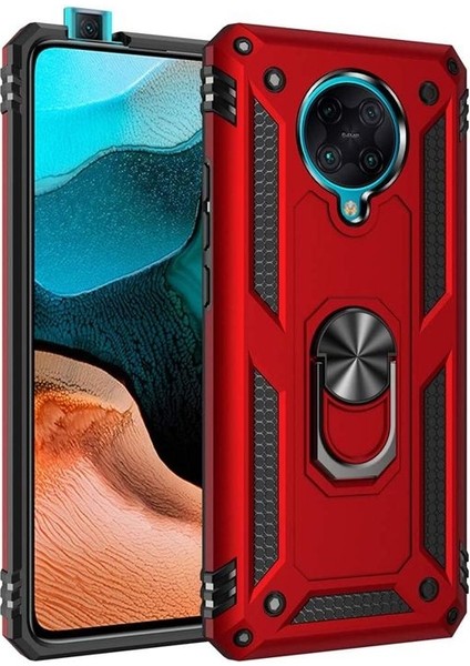 Xiaomi Poco F2 Pro Kılıf Tank Koruma Standlı Yüzüklü Mıknatıslı Kırmızı