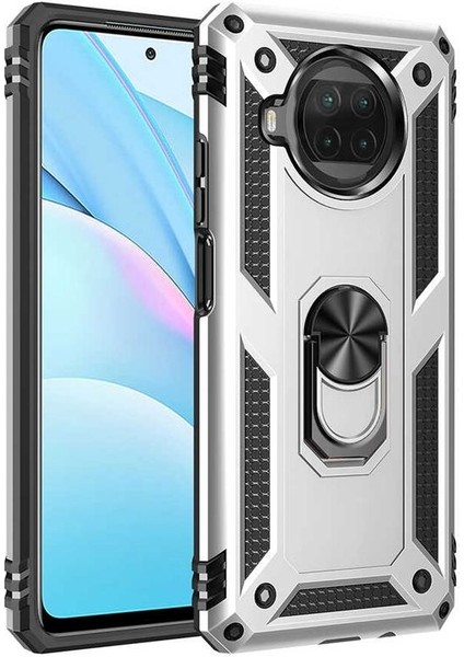 Xiaomi Mi 10T Lite Kılıf Tank Koruma Standlı Yüzüklü Mıknatıslı Gümüş