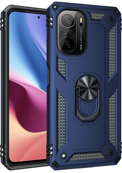 Xiaomi Redmi K40 Kılıf Vega Tank Koruma Standlı Yüzüklü Mıknatıslı Lacivert