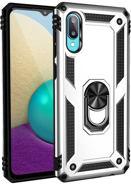 Samsung Galaxy A02 Kılıf Vega Tank Koruma Standlı Yüzüklü Mıknatıslı Gümüş