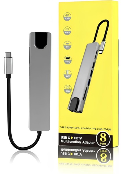 8in1 Hub Type-C RJ45 4K HDMI 3*usb 3.0 Sd Tf Macbook Pro Laptop Ipad Uyumlu Adaptör Çoklay