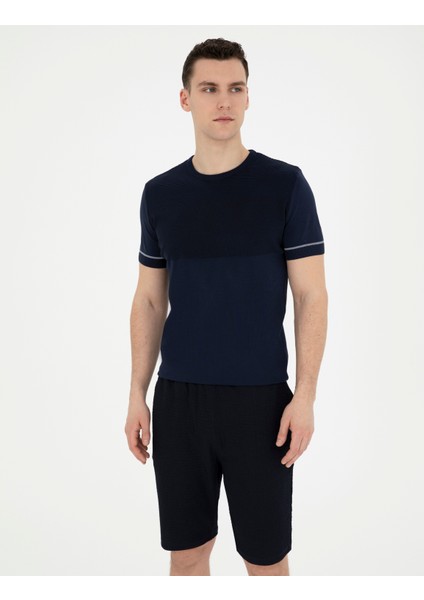Erkek Lacivert Slim Fit Bisiklet Yaka Triko Tişört 50288117-VR033