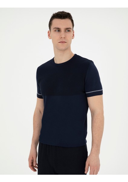 Erkek Lacivert Slim Fit Bisiklet Yaka Triko Tişört 50288117-VR033