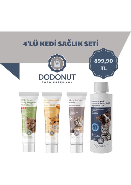 Kedi Sağlık Seti 4'lü, Multivitamin, Tüy Yumağı Giderici, Deri&tüy Sağılğı, %100 Doğal Somon Yağı