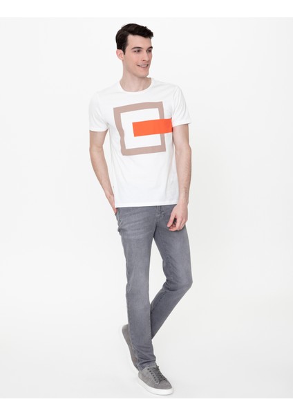 Erkek Ekru Slim Fit Baskılı Bisiklet Yaka Tişört 50249705-VR019