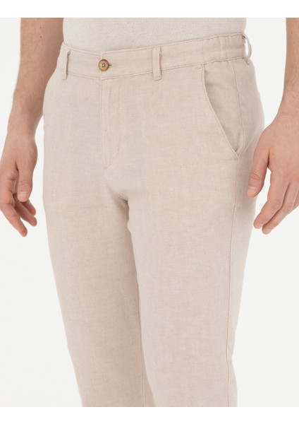 Erkek Bej Slim Fit Keten Karışımlı Kanvas Pantolon 50284261-VR011
