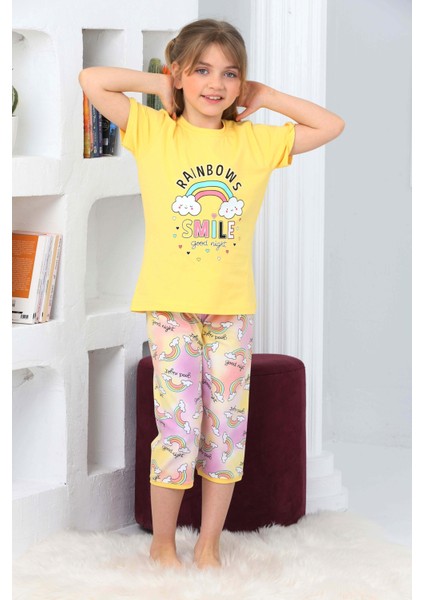 Kapi Kids Kız Çocuk Kaprili-Gökkuşağı Baskılı Pijama Takımı 3-11 Yaş 6100-01