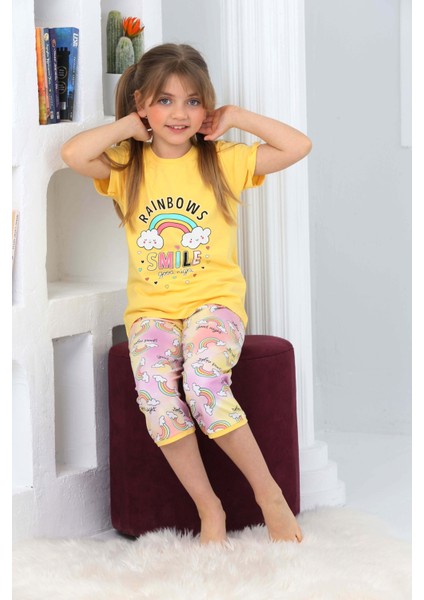 Kapi Kids Kız Çocuk Kaprili-Gökkuşağı Baskılı Pijama Takımı 3-11 Yaş 6100-01