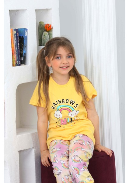 Kapi Kids Kız Çocuk Kaprili-Gökkuşağı Baskılı Pijama Takımı 3-11 Yaş 6100-01