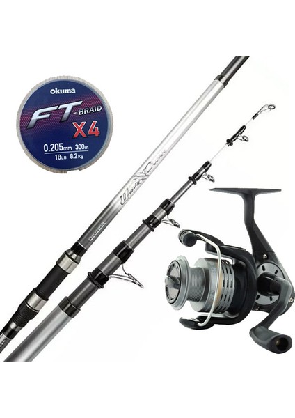 Surf Kamışı Olta Takımı Okuma Wave Power Tele Surf 4.20 cm 100-200 gr 5 Parça Surf Kamışı- Okuma Revenger Rv-55 Fd Olta Makinesi