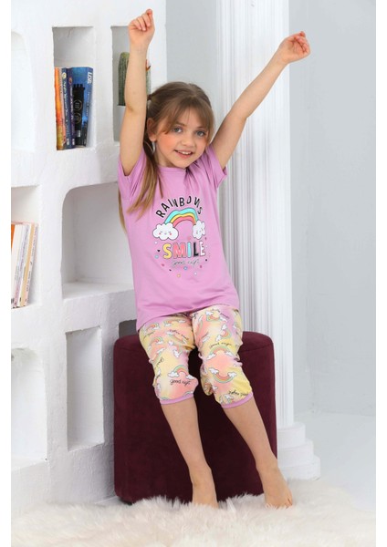 Kapi Kids Kız Çocuk Kaprili-Gökkuşağı Baskılı Pijama Takımı 3-11 Yaş 6100-01