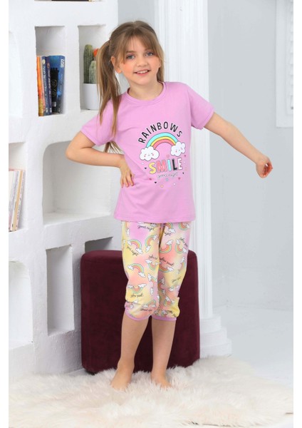 Kapi Kids Kız Çocuk Kaprili-Gökkuşağı Baskılı Pijama Takımı 3-11 Yaş 6100-01