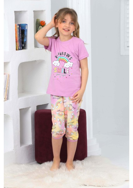 Kapi Kids Kız Çocuk Kaprili-Gökkuşağı Baskılı Pijama Takımı 3-11 Yaş 6100-01