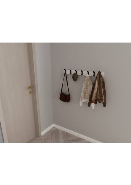 Modern Duvar Kanca Askılık - 7 Adet Siyah Askılık - 80 cm Beyaz Mdflam - Model 102