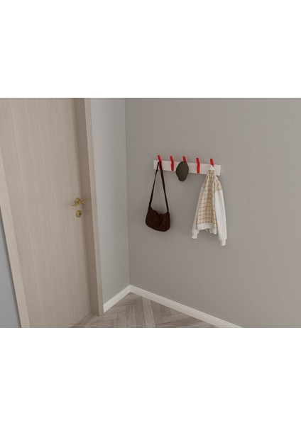 Modern Duvar Kanca Askılık - 5 Adet Kırmızı Askılık - 60 cm Beyaz Mdflam - Model 103