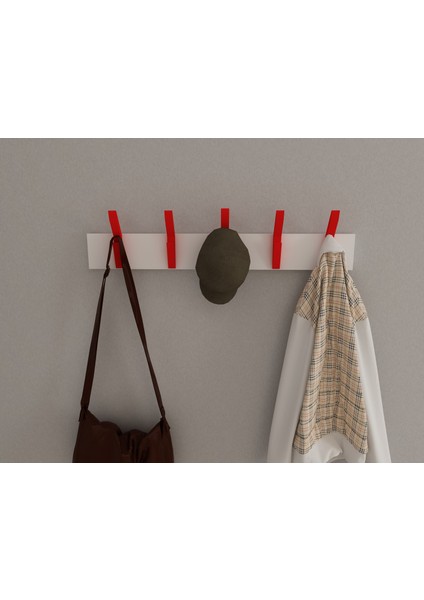 Modern Duvar Kanca Askılık - 5 Adet Kırmızı Askılık - 60 cm Beyaz Mdflam - Model 103 fırsatları