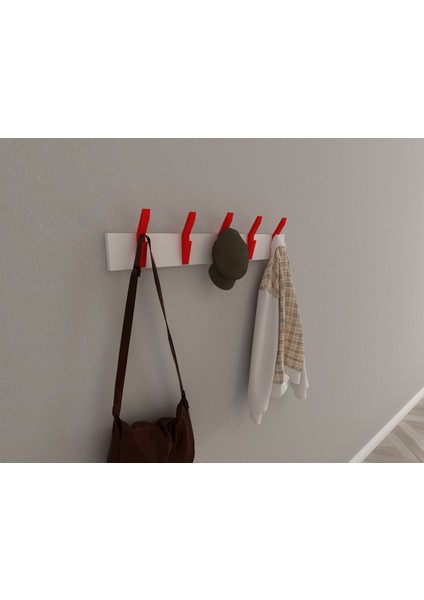 Modern Duvar Kanca Askılık - 5 Adet Kırmızı Askılık - 60 cm Beyaz Mdflam - Model 103 indirimleri