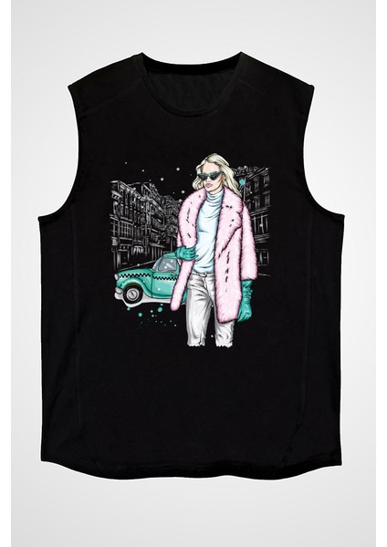 Pembe Kürk Tarzlı Kız Fashion Siyah Unisex Kolsuz Kesik Kol T-Shirt