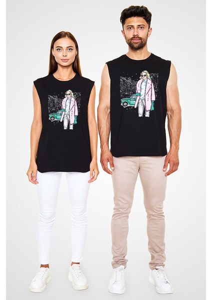 Pembe Kürk Tarzlı Kız Fashion Siyah Unisex Kolsuz Kesik Kol T-Shirt