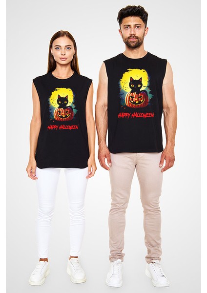 Halloween Kedicik Siyah Unisex Kolsuz Kesik Kol T-Shirt fiyatları