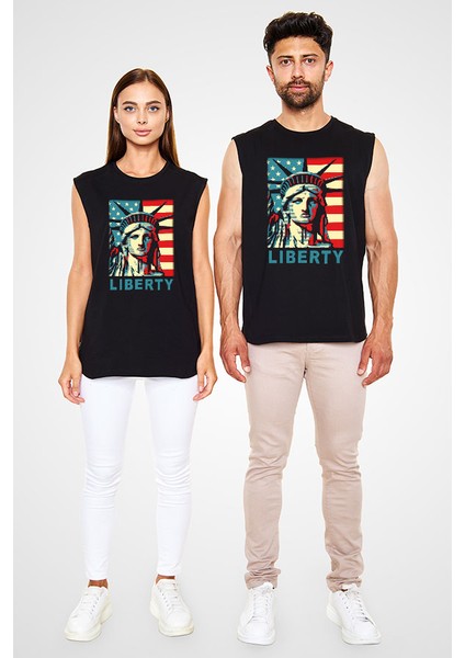 Özgürlük Heykeli Siyah Unisex Kolsuz Kesik Kol T-Shirt fiyatları