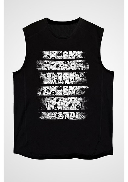 Sevimli Köpekler Siyah Unisex Kolsuz Kesik Kol T-Shirt