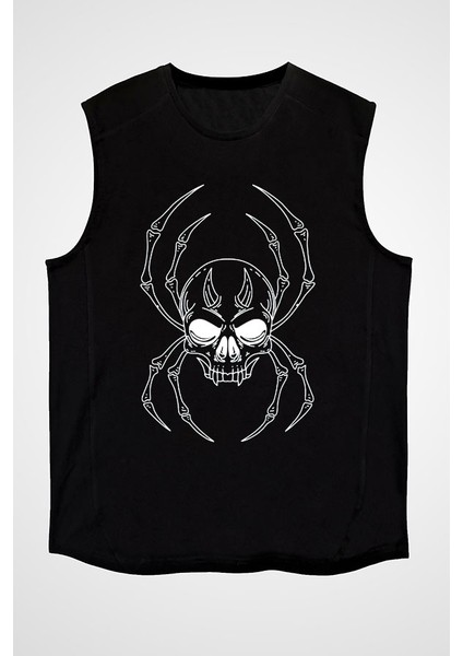 Örümcek Kuru Kafa Siyah Unisex Kolsuz Kesik Kol T-Shirt