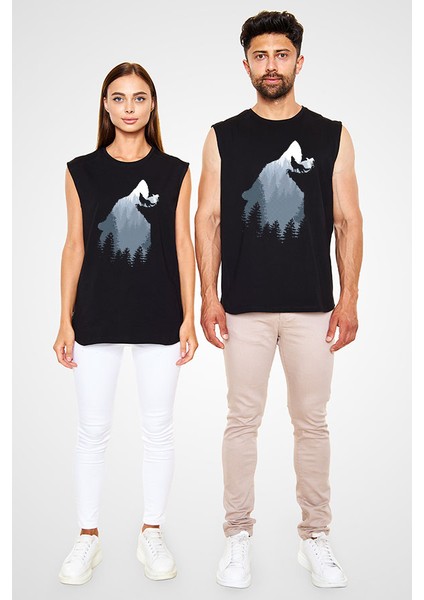 Ormanda Uluyan Kurt Siyah Unisex Kolsuz Kesik Kol T-Shirt fiyatları