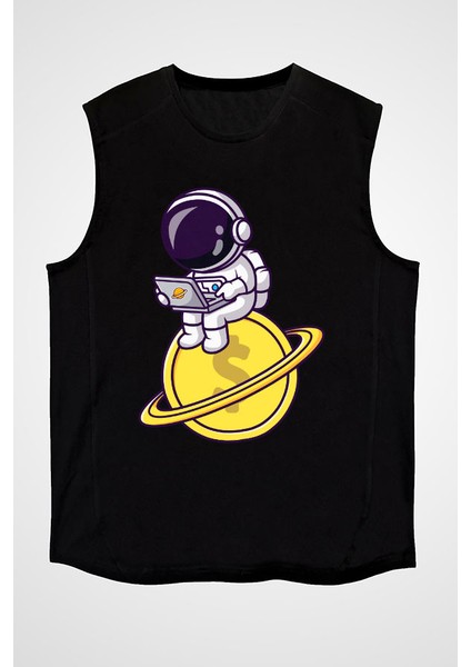 Kripto Astronot Siyah Unisex Kolsuz Kesik Kol T-Shirt