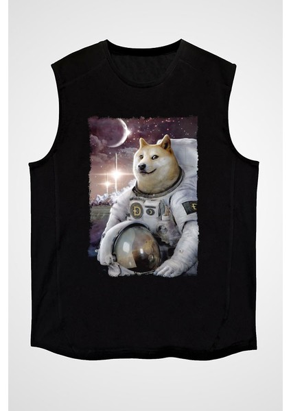 Astronot Husky Siyah Unisex Kolsuz Kesik Kol T-Shirt
