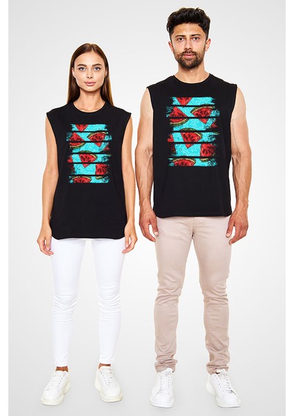 Karpuz Siyah Unisex Kolsuz Kesik Kol T-Shirt fiyatları