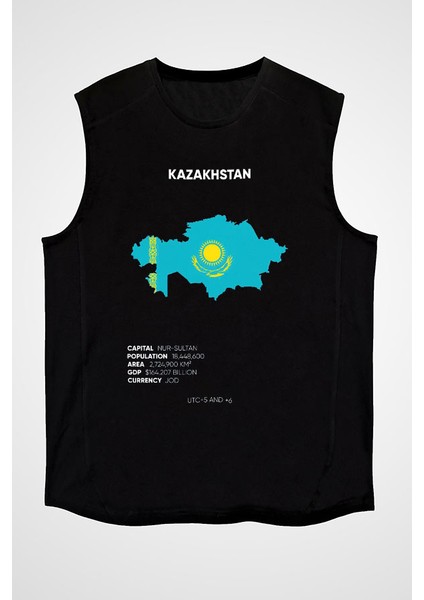 Kazakistan Siyah Unisex Kolsuz Kesik Kol T-Shirt