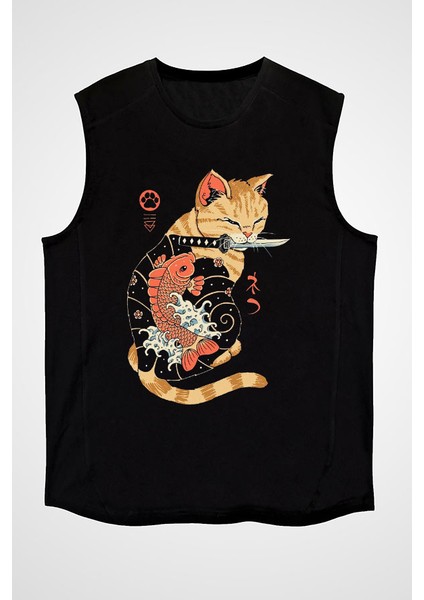 Geyşa Kedi Siyah Unisex Kolsuz Kesik Kol T-Shirt
