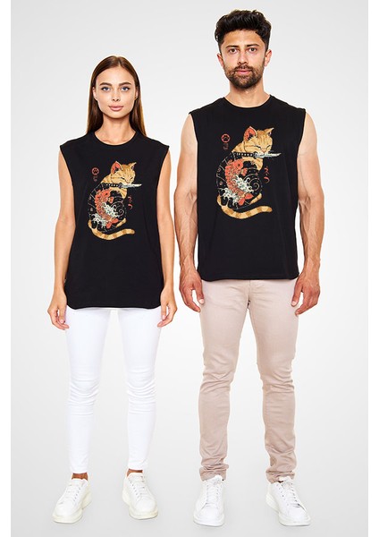 Geyşa Kedi Siyah Unisex Kolsuz Kesik Kol T-Shirt fiyatları