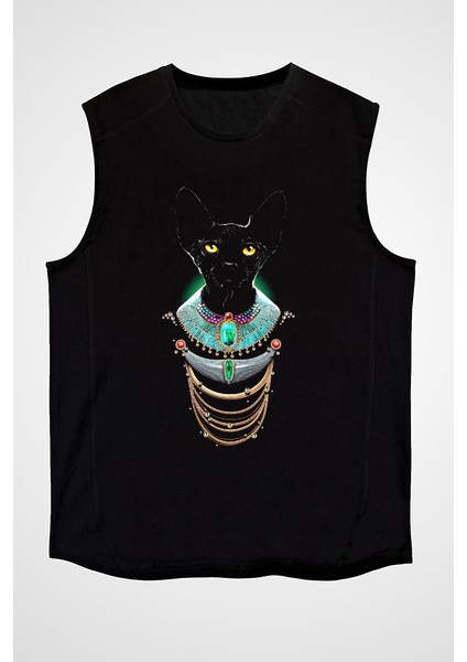 Firavun Sfenks Kedi Siyah Unisex Kolsuz Kesik Kol T-Shirt