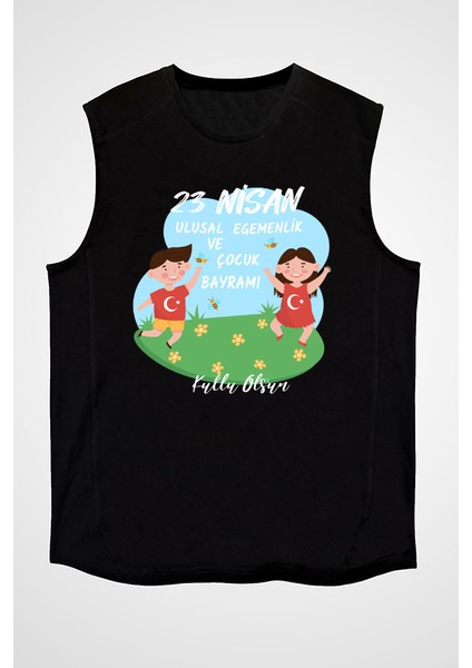 23 Nisan Ulusal Egemenlik ve Çocuk Bayramı Siyah Unisex Kolsuz Kesik Kol T-Shirt