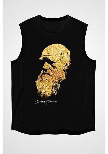 Charles Darwin Siyah Unisex Kolsuz Kesik Kol T-Shirt