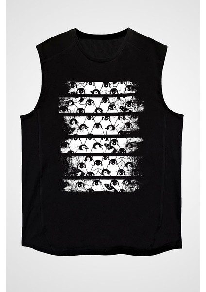 Penguen Siyah Unisex Kolsuz Kesik Kol T-Shirt