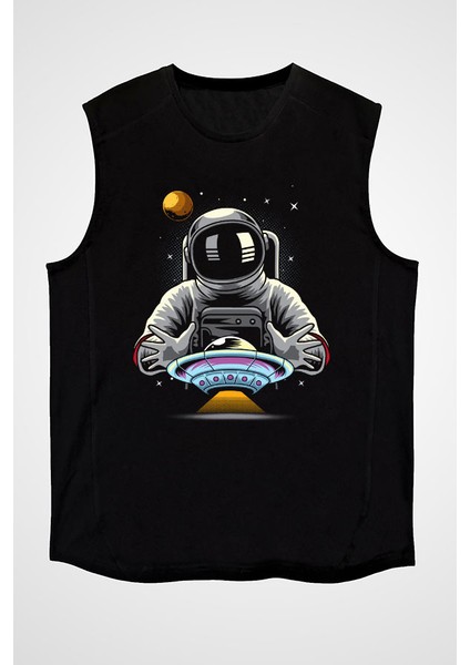 Ufo Yakalayan Astronot Siyah Unisex Kolsuz Kesik Kol T-Shirt