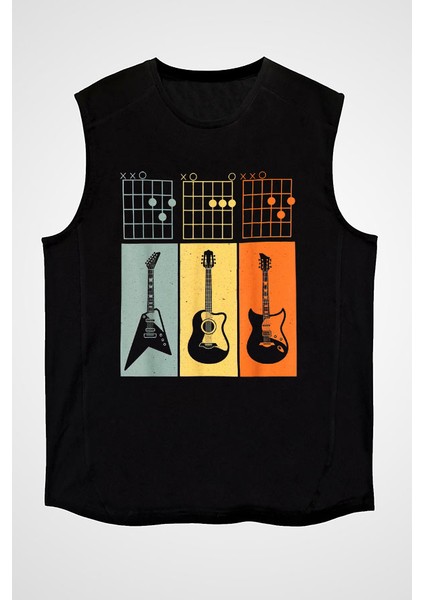 Gitarist Siyah Unisex Kolsuz Kesik Kol T-Shirt