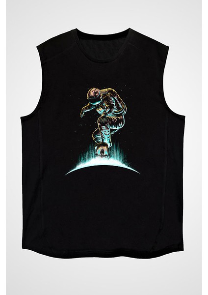 Kaykay Astronot Siyah Unisex Kolsuz Kesik Kol T-Shirt