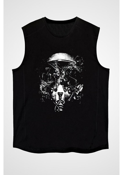 Kaskı Parçalanan Pilot Siyah Unisex Kolsuz Kesik Kol T-Shirt