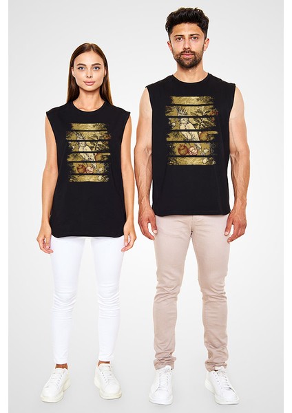 Sultan Papağanı Siyah Unisex Kolsuz Kesik Kol T-Shirt