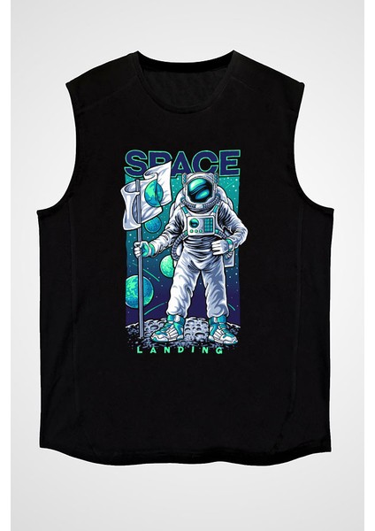 Uzaya Iniş Astronot Siyah Unisex Kolsuz Kesik Kol T-Shirt