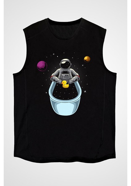 Küvette Yıkanan Astronot Siyah Unisex Kolsuz Kesik Kol T-Shirt