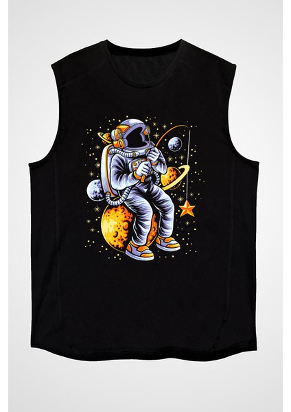 Yıldız Tutan Balıkçı Astronot Siyah Unisex Kolsuz Kesik Kol T-Shirt